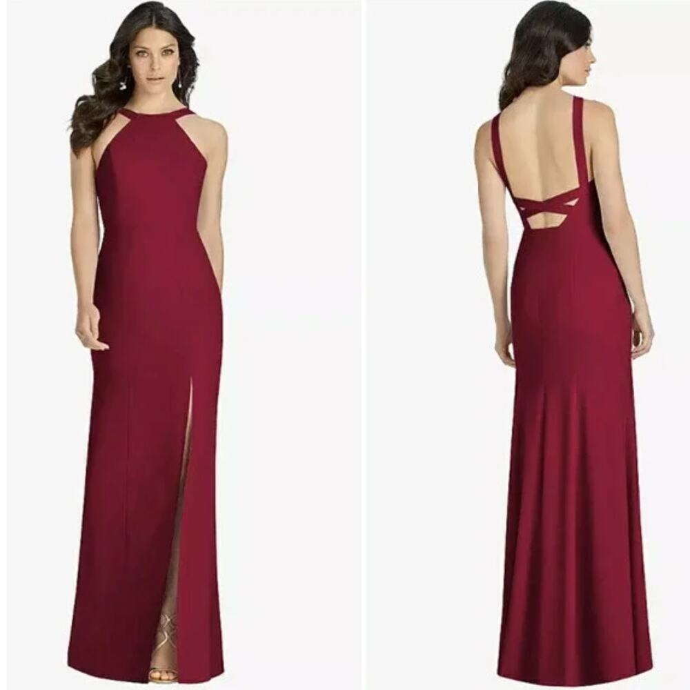 NWT Dessy Collection High Neck Backless‎ Crepe Trumpet Gown in Burgundy 3039